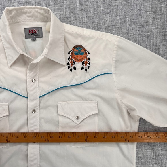 VTG 80s Ely Diamond Western Thunderbird Embroidered Pearl Snap Shirt Men L White - Picture 7 of 11
